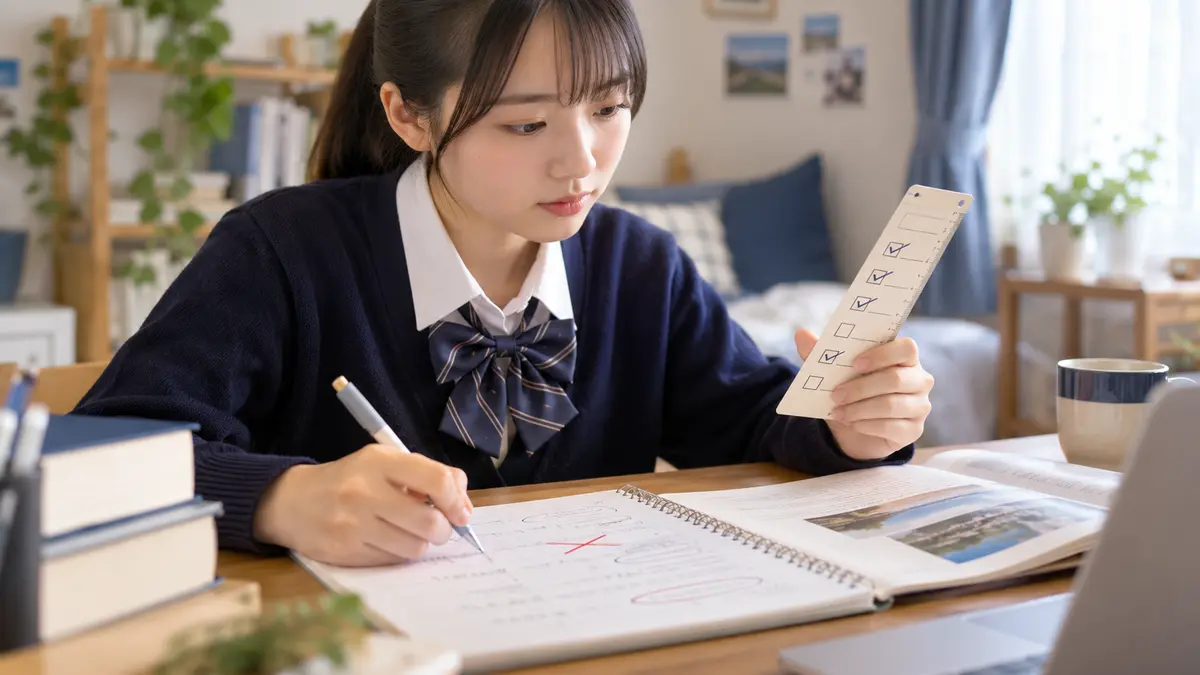要約の意味のずれと文法ミスを確認する高校生