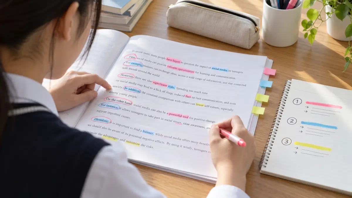 英検2級要約で反復語と接続表現を確認する高校生