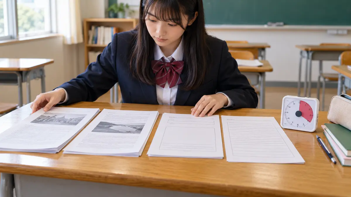 英検2級の筆記85分と問題構成を確認する高校生