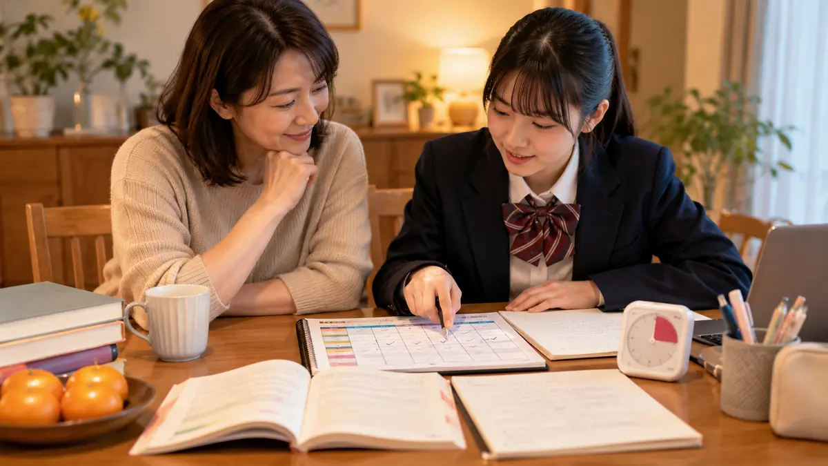 家庭で英検2級の時間配分を確認する親子