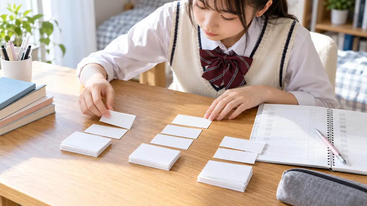 英検2級の語彙問題と長文を確認する高校生