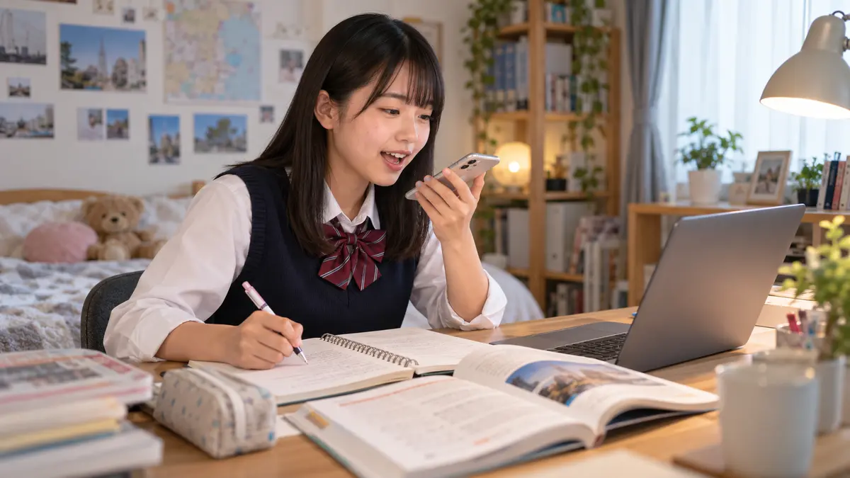 英検2級の英作文と面接を練習する高校生