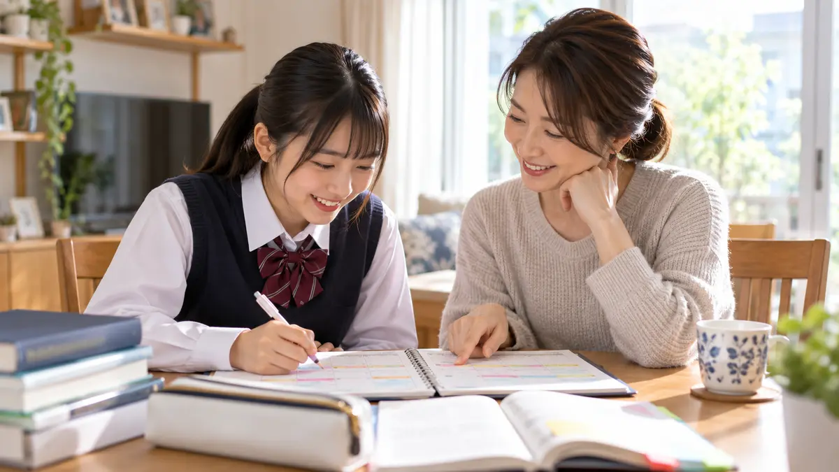 英検2級の8週間計画を家庭で確認する親子